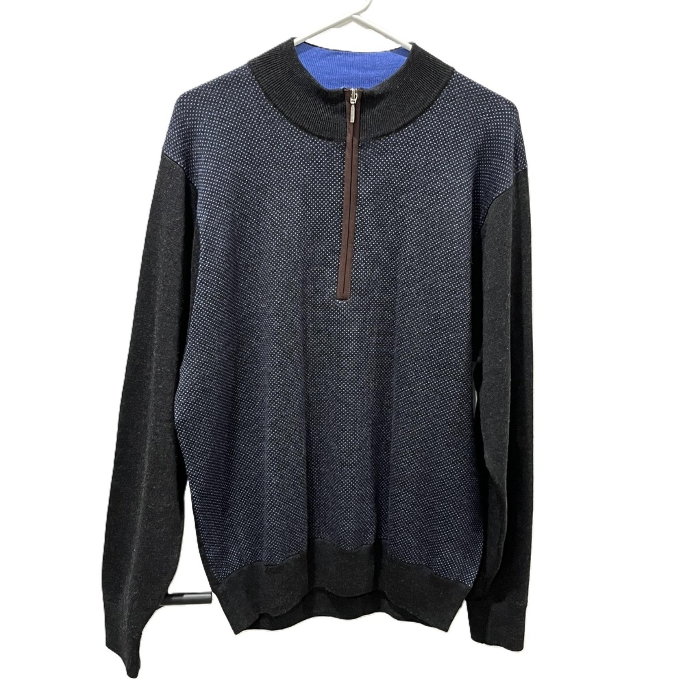 Turtleson‎ Blue Black Men's Quarter-Zip Merino Wool Sweater Extra Large
